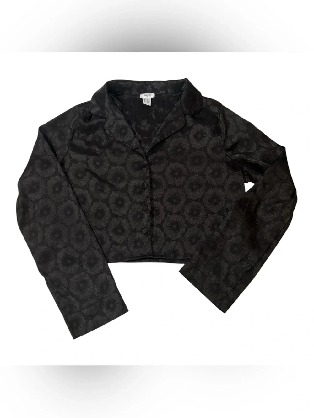 Forever 21 Black Floral Jacquard Button-Front Cropped satin pajama Top Sz M